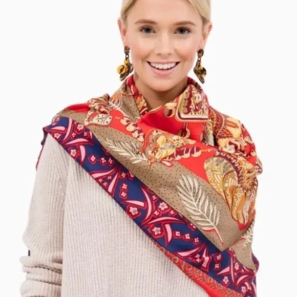 Tuckernuck Brighton Print Scarf Red Blue Beige Oversized - Picture 3 of 10